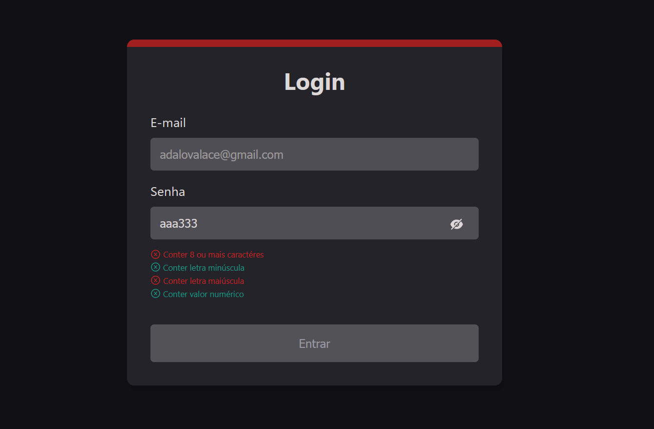 Screenshot do sistema de validação de input
