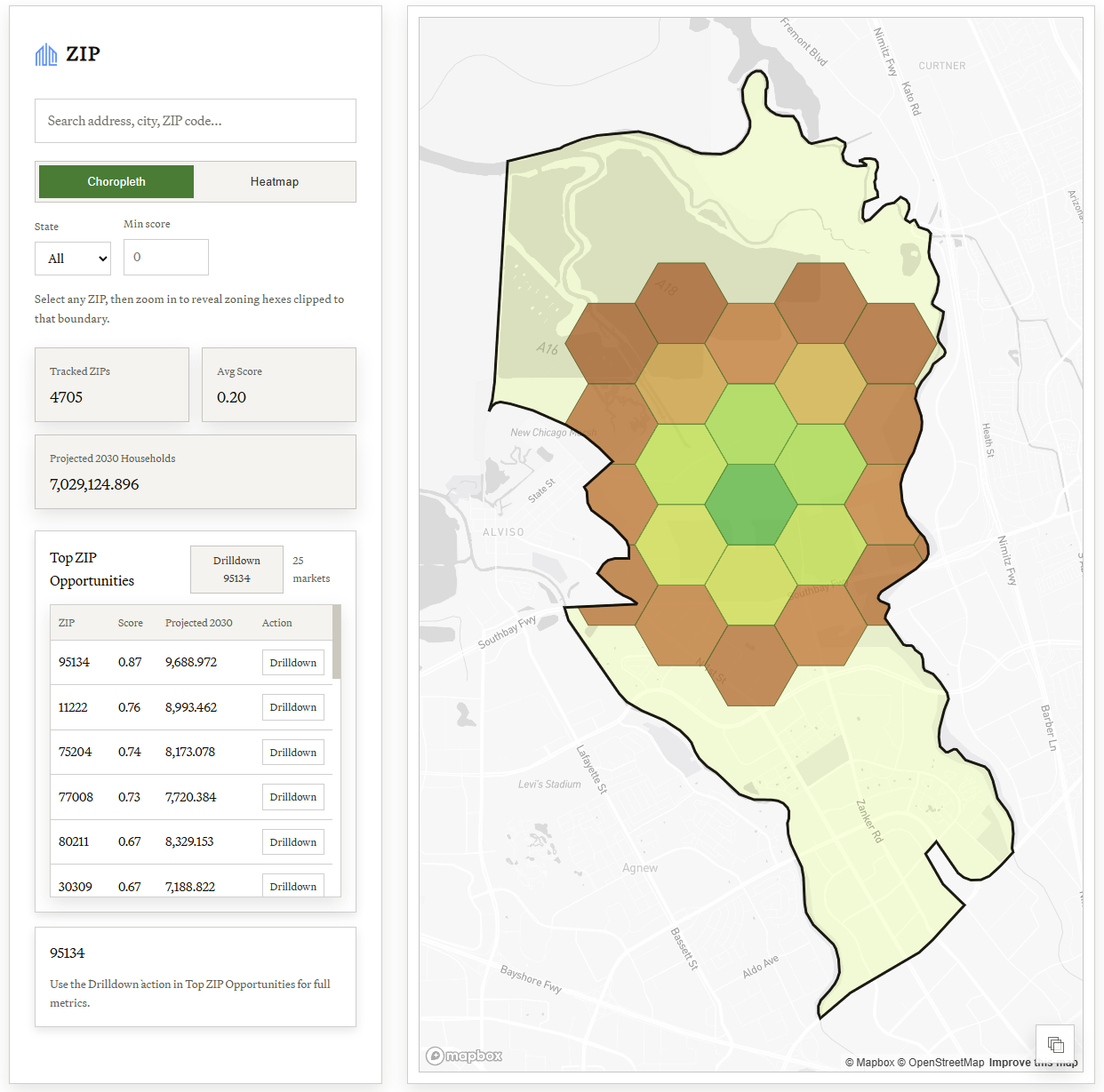 ZIP choropleth map showing ZIP-level investment scores