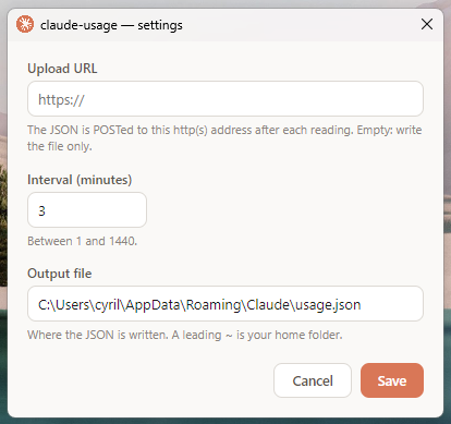 Claude Usage settings: output file