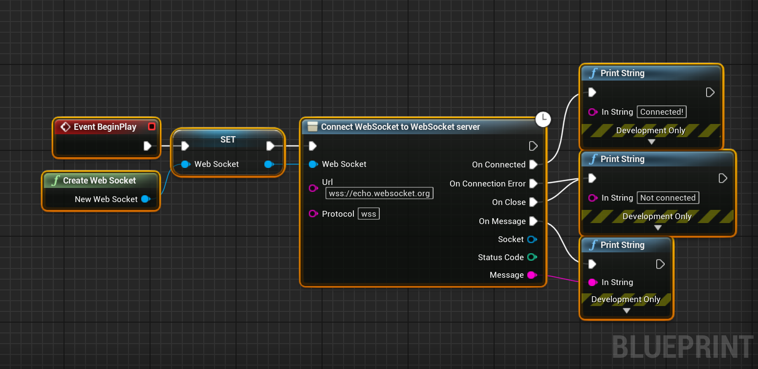 Blueprint script layout mapping WebSocket connection using helper node
