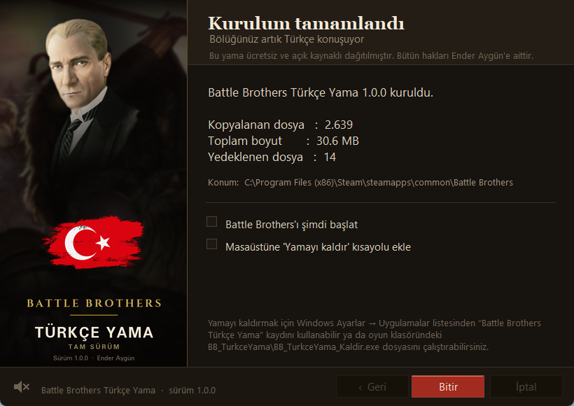 Kurulum tamamlandı