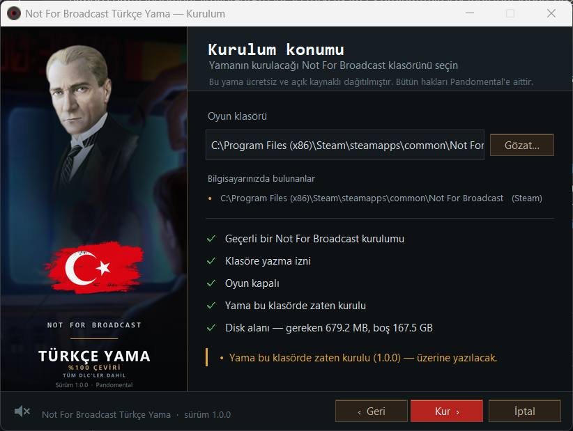 Kurulum konumu seçimi ve denetimler