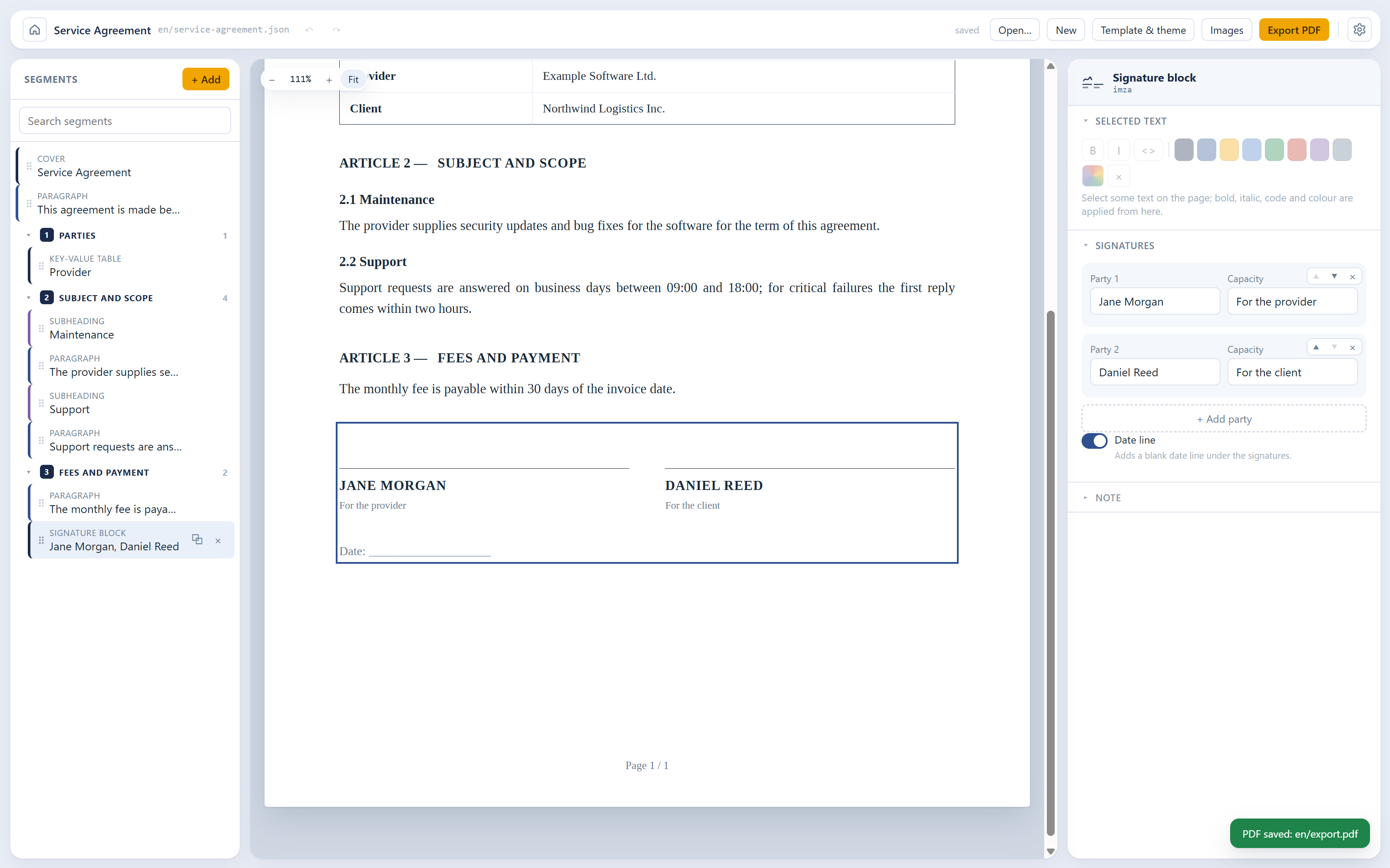 The contract template with signature lines