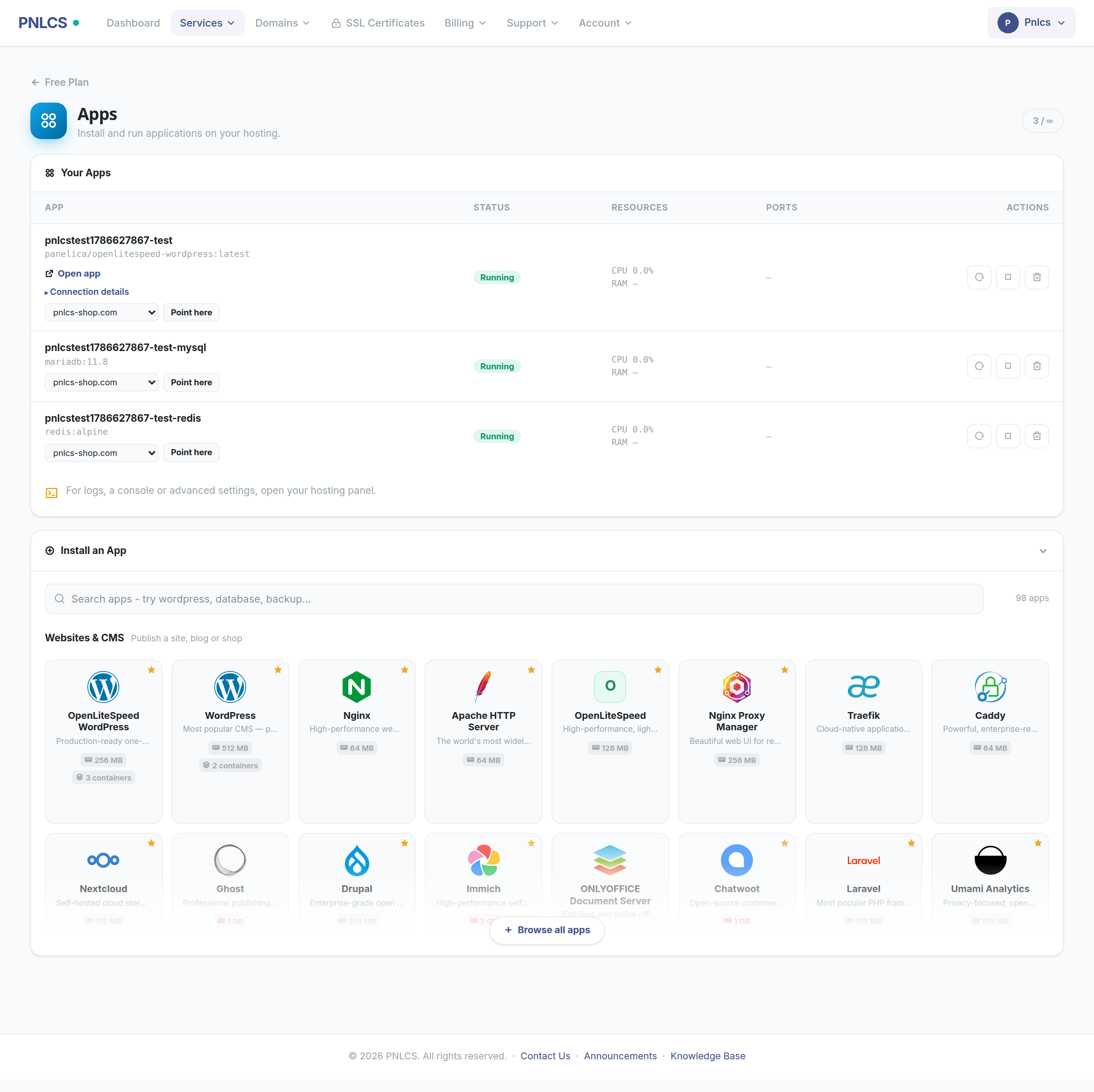 PNLCS client app catalogue with per-app memory and container requirements