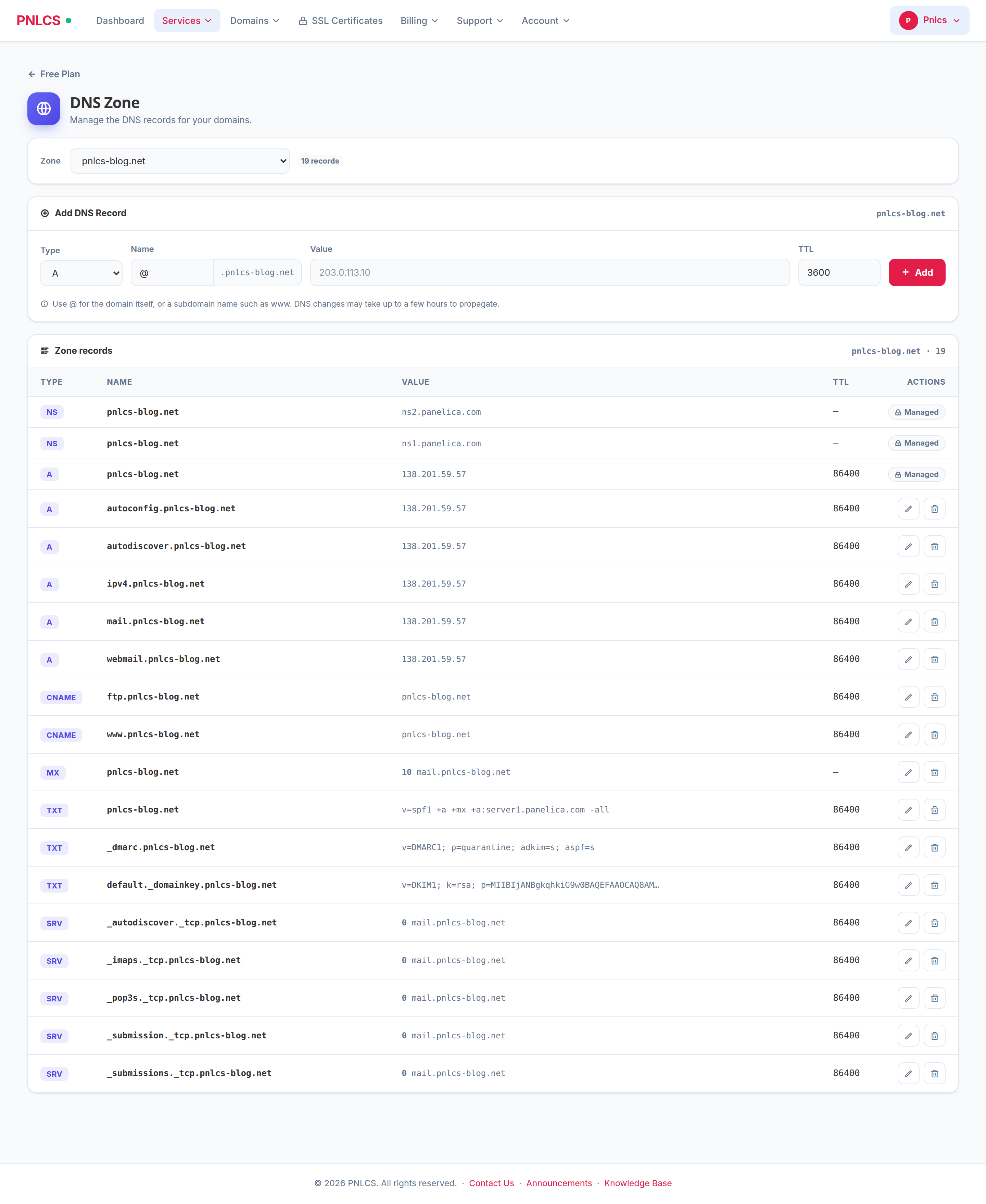 PNLCS DNS zone editor with managed records locked