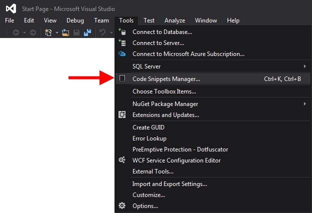 Menu tools. Меню Tools в Visual Studio. In Visual Studio, on the Tools menu, click code snippets Manager..
