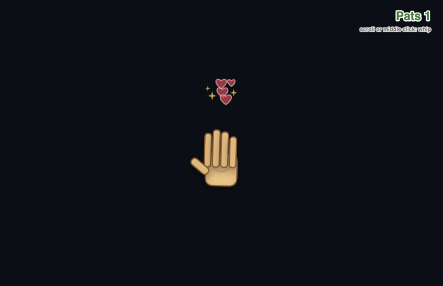 Pat mode: a hand with floating hearts and sparkles after a pat, pat counter in the corner