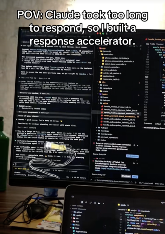 TikTok video: POV: Claude took too long to respond, so I built a response accelerator. The whip cracking over a terminal running Claude Code