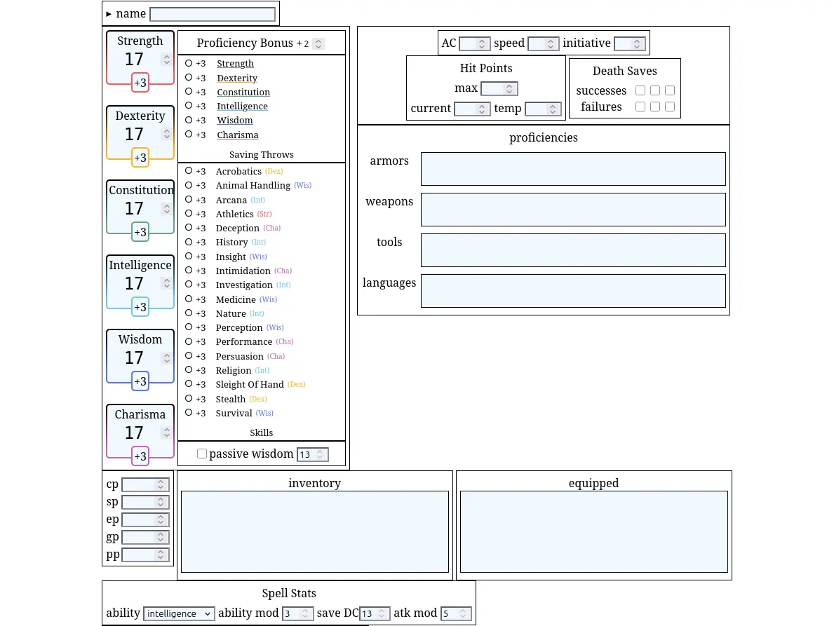 Screenshot of the character sheet webpage, showing a form like layout with many text and number boxes.