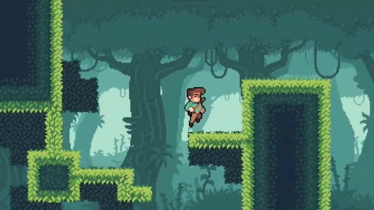 Screenshot of a video game character jumping between different green platforms.