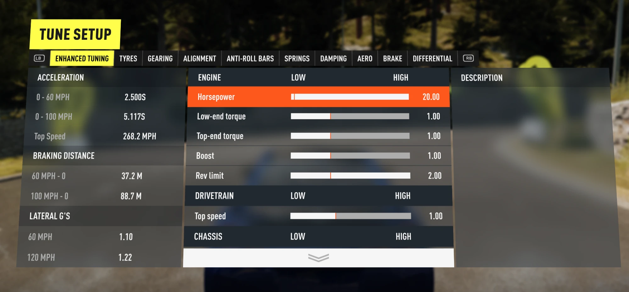 Enhanced Tuning tab showing new tuning sliders inside Forza Horizon 2