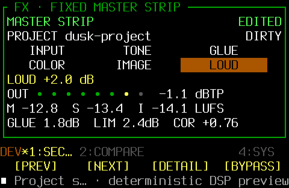 Fixed stereo MASTER STRIP with six sections and mastering meters
