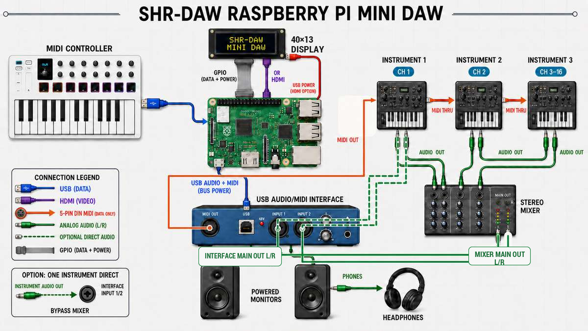 Physical SHR-DAW connections: controller, Raspberry Pi, display, USB audio/MIDI interface, chained MIDI instruments, mixer, monitors, and headphones