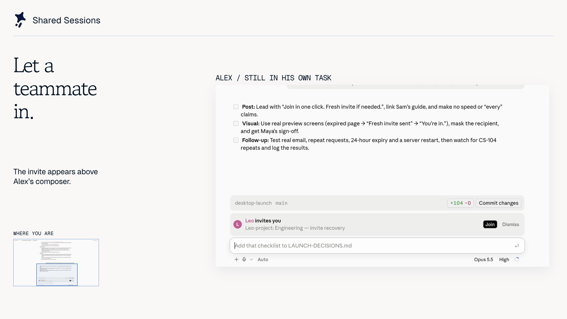 A teammate's invitation above the composer in Claude Desktop
