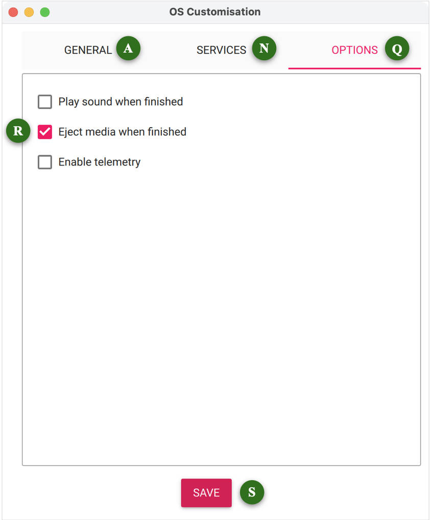 Raspberry Pi Imager Customisation dialog Options tab