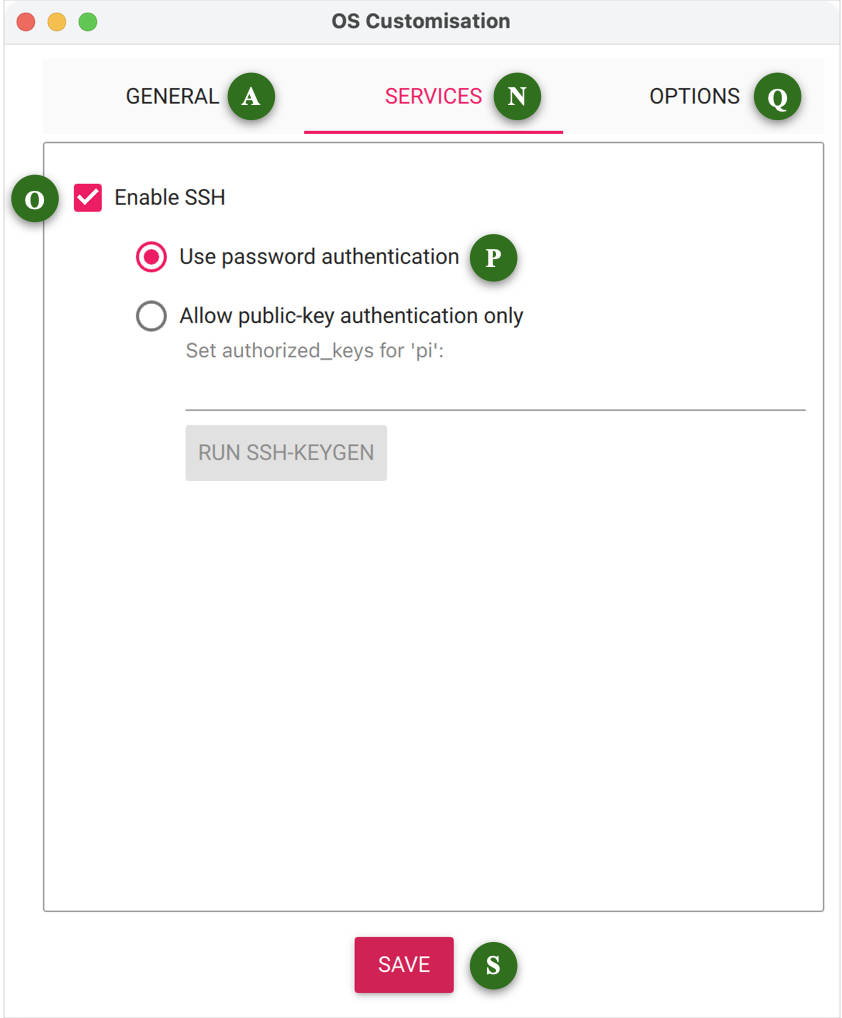 Raspberry Pi Imager Customisation dialog Services tab