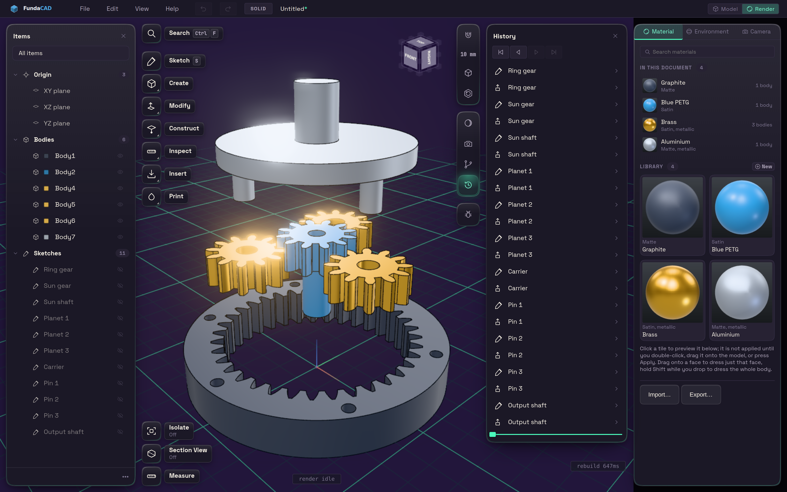 The Render workspace in FundaCAD with graphite, blue PETG, brass and aluminium materials