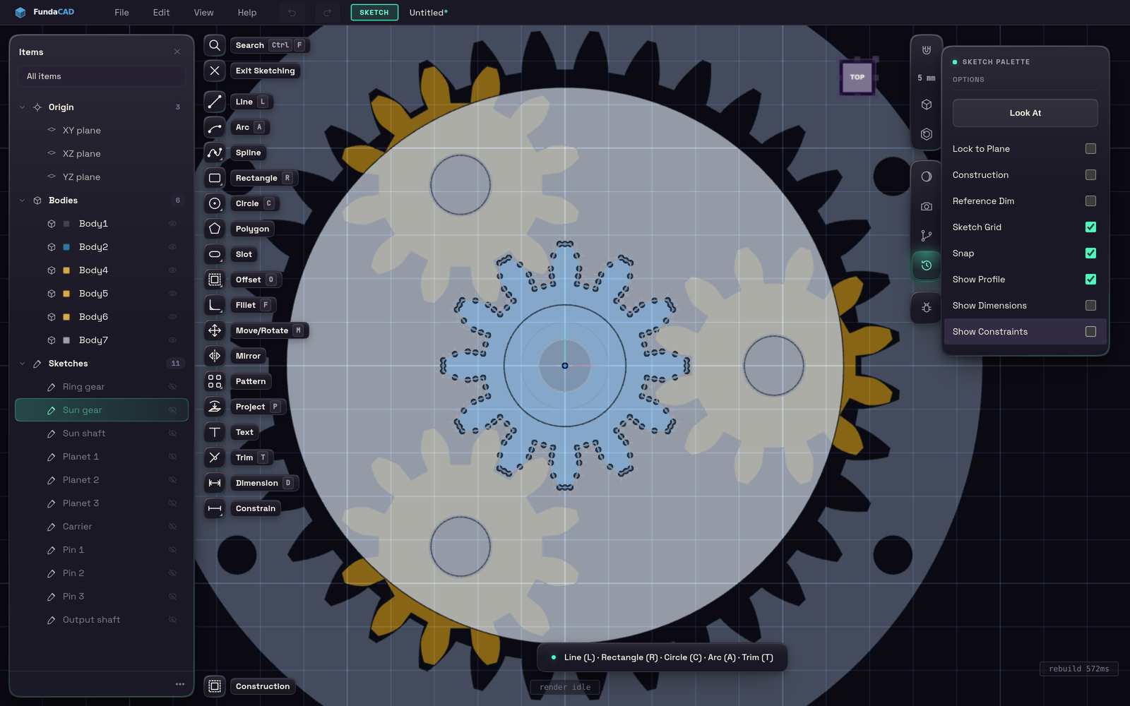 Editing the sketch of an involute gear profile in FundaCAD