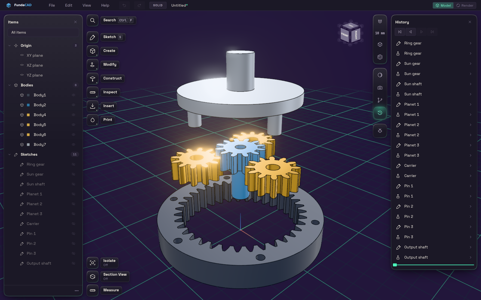 FundaCAD main window with an exploded planetary gearbox, the item tree, the tool rail and the feature history
