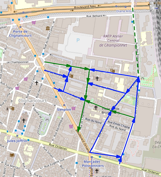 Quartier Boinod : les flèches vertes représentent les axes modifiés, les bleus les axes actuels. Il n'y a plus de rat runs