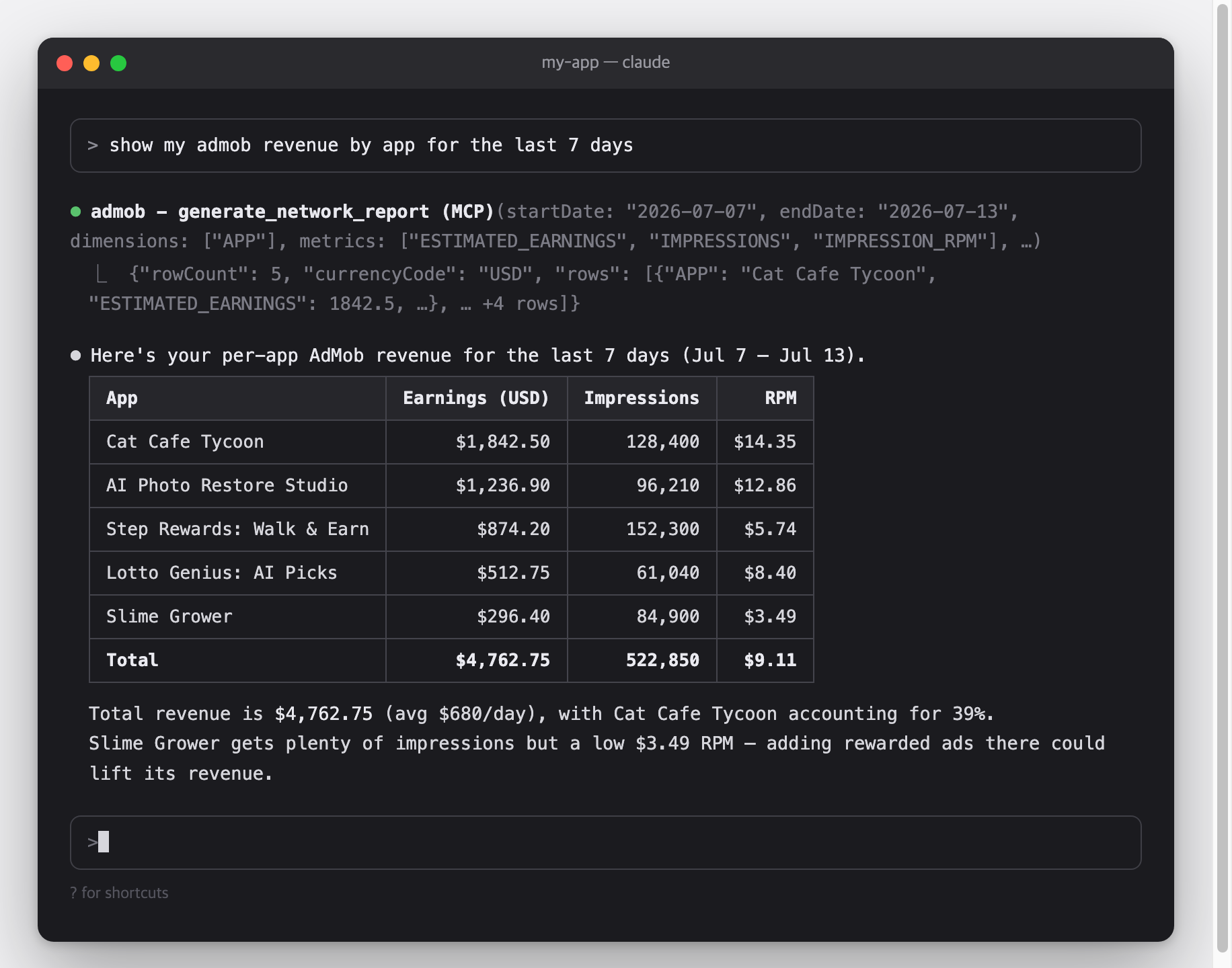 Asking Claude Code for the last 7 days of per-app AdMob revenue