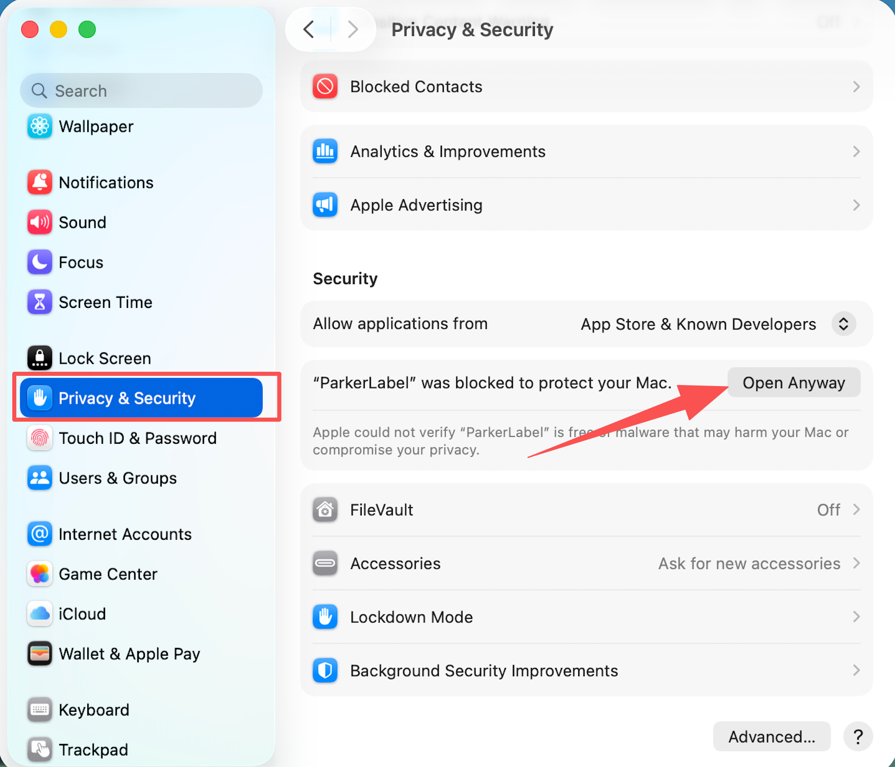 macOS Privacy and Security: click Open Anyway