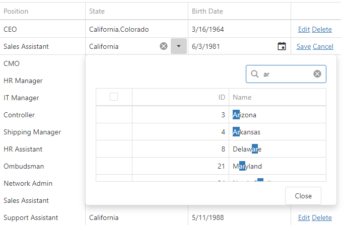 DevExtreme MVC DataGrid - How to use DropDownBox as a column editor in edit mode