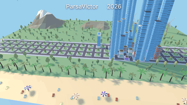 A camera flying around my GithubCity — every building grown from real contributions