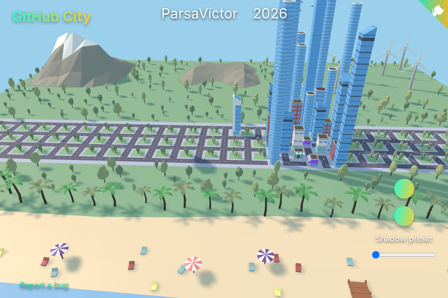 Real screenshot of my GithubCity — buildings grown from actual contributions