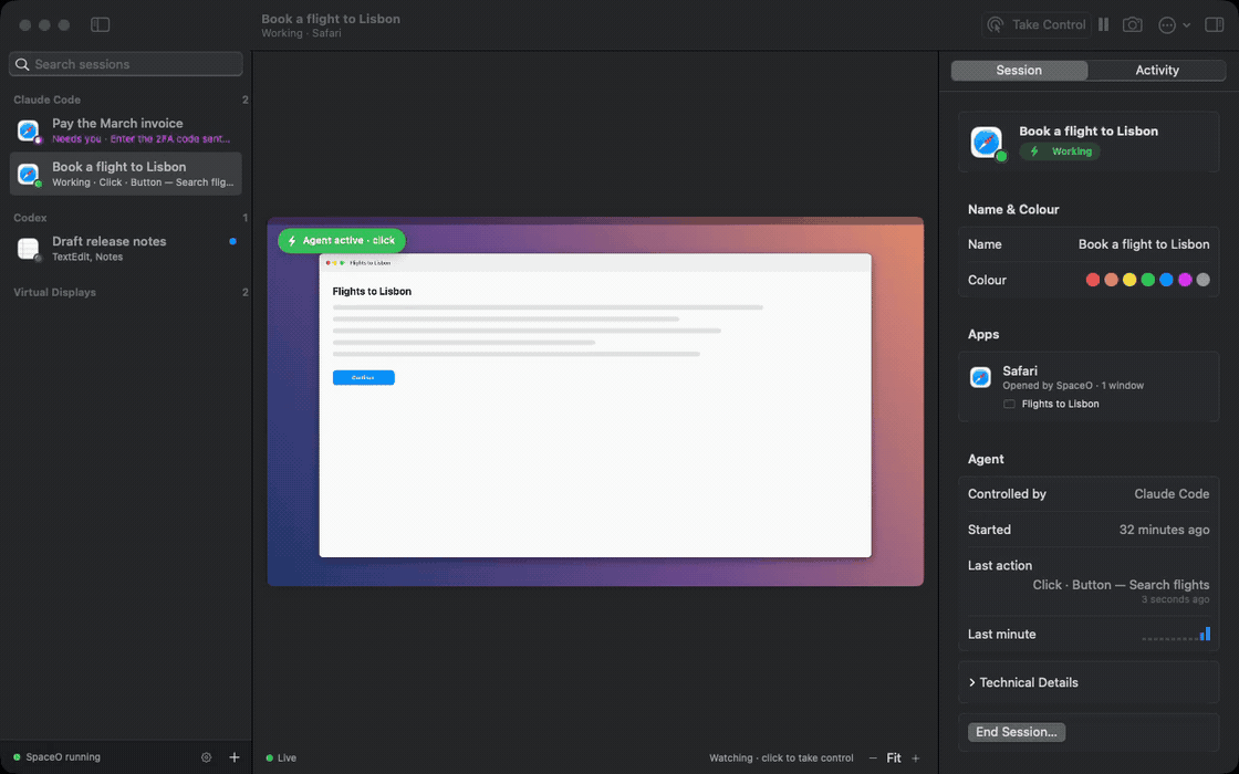 SpaceO Viewer switching between working, needs-you, and release-note sessions