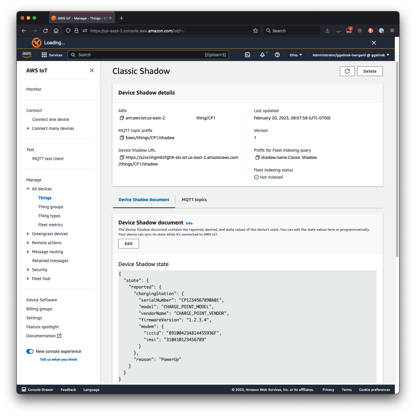 Screenshot: IoT Thing shadow document