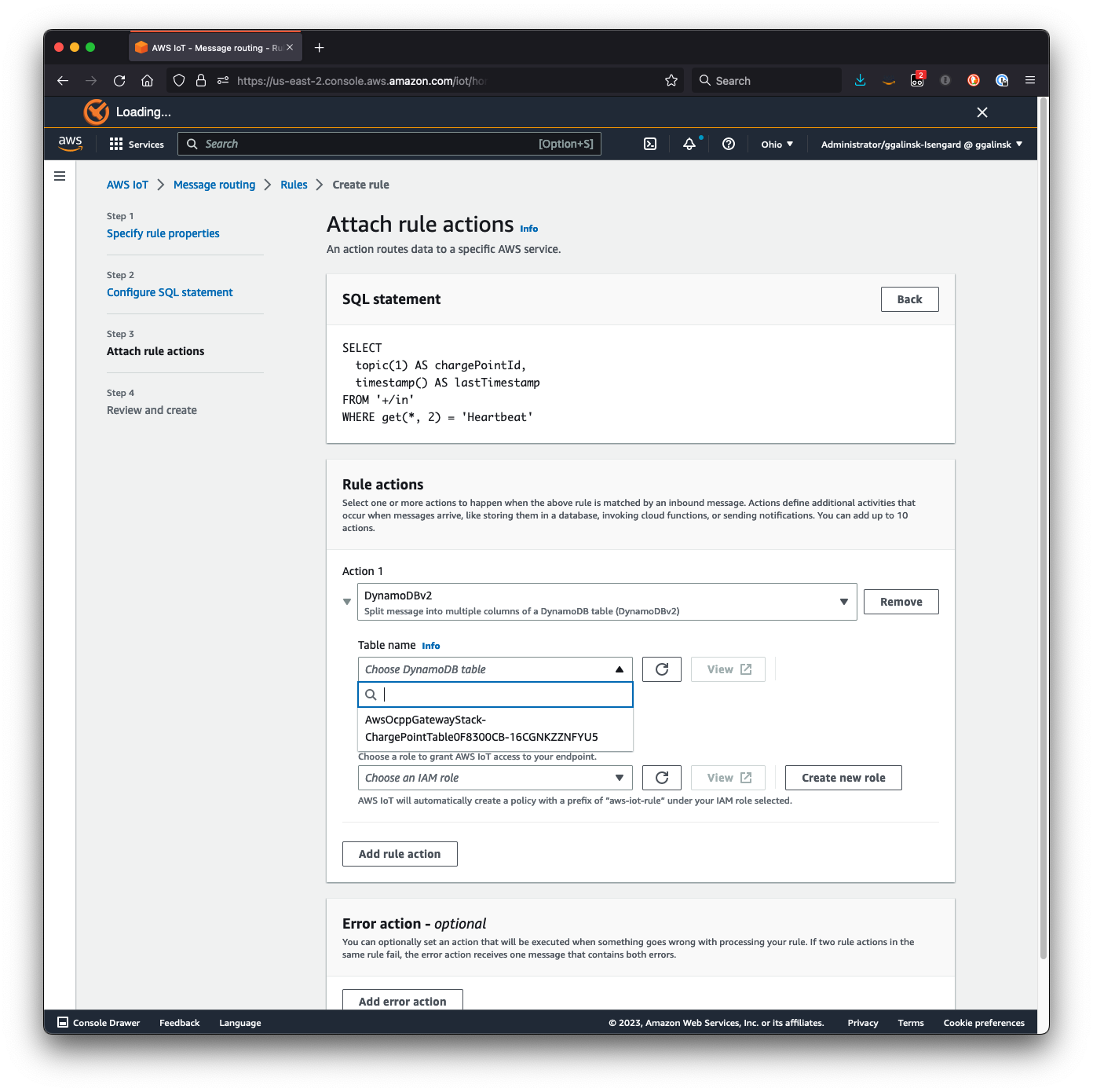 Screenshot: IoT Rule action