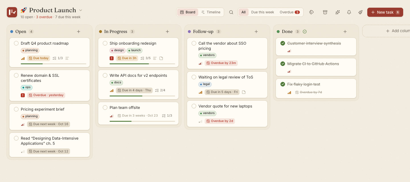 A project board in the Paper theme with tags, priorities, deadlines and subtask progress