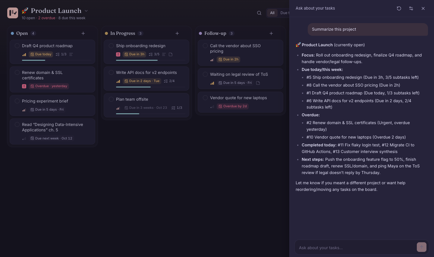 Asking the AI to summarize a project from inside its board, in the Rosé Pine theme