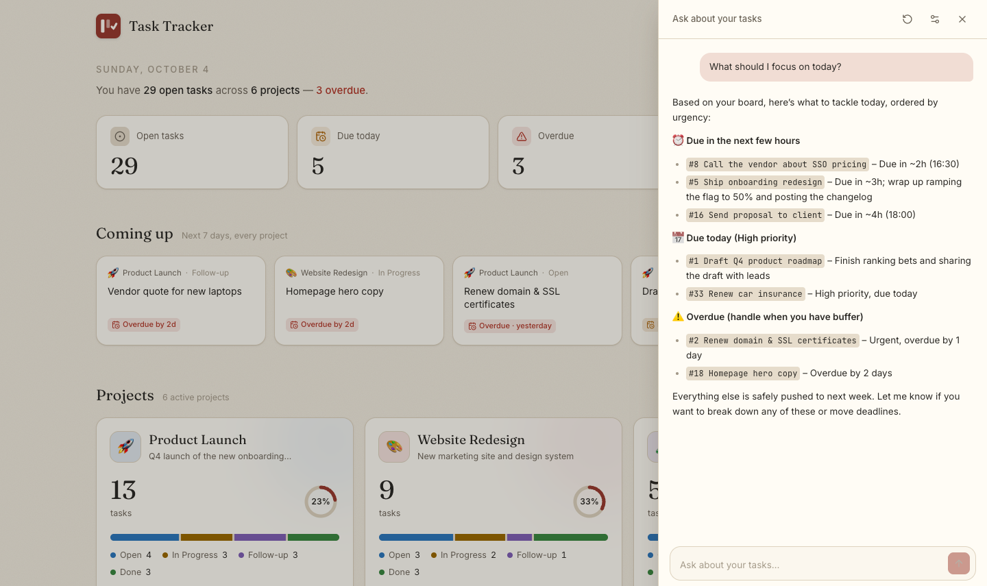 Asking Task Tracker what to focus on today: the assistant ranks tasks due in the next few hours, due today, and overdue