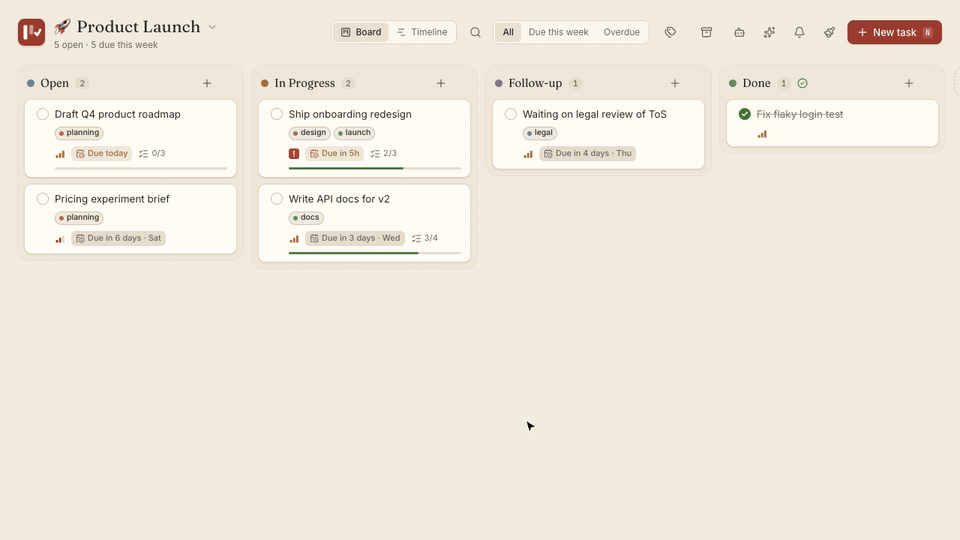 An AI agent connected over MCP asks to add a task, complete one and add a subtask; nothing changes until each request is approved in the app, then the board updates