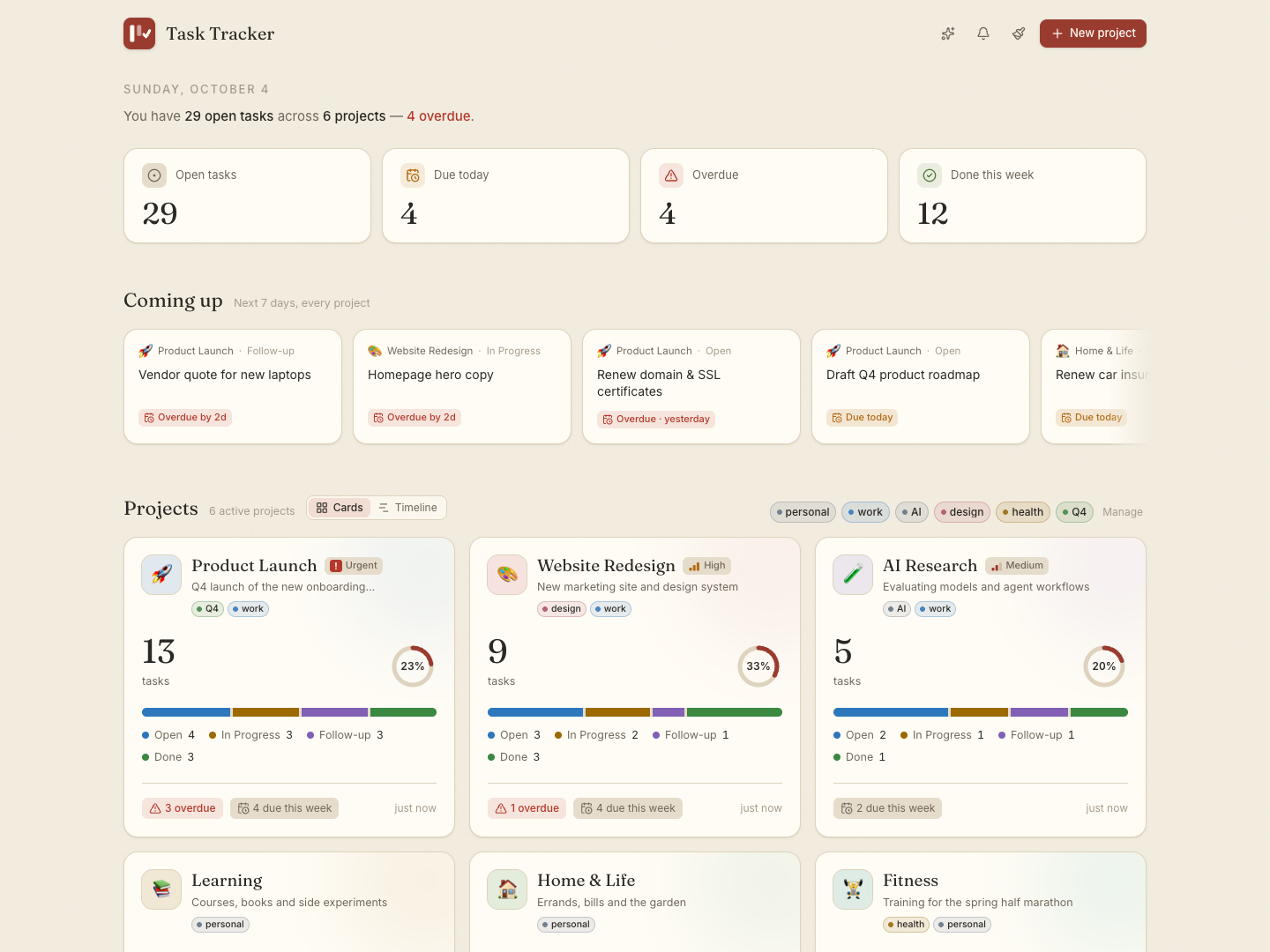 Task Tracker home page with every project, its priority, tags and status at a glance
