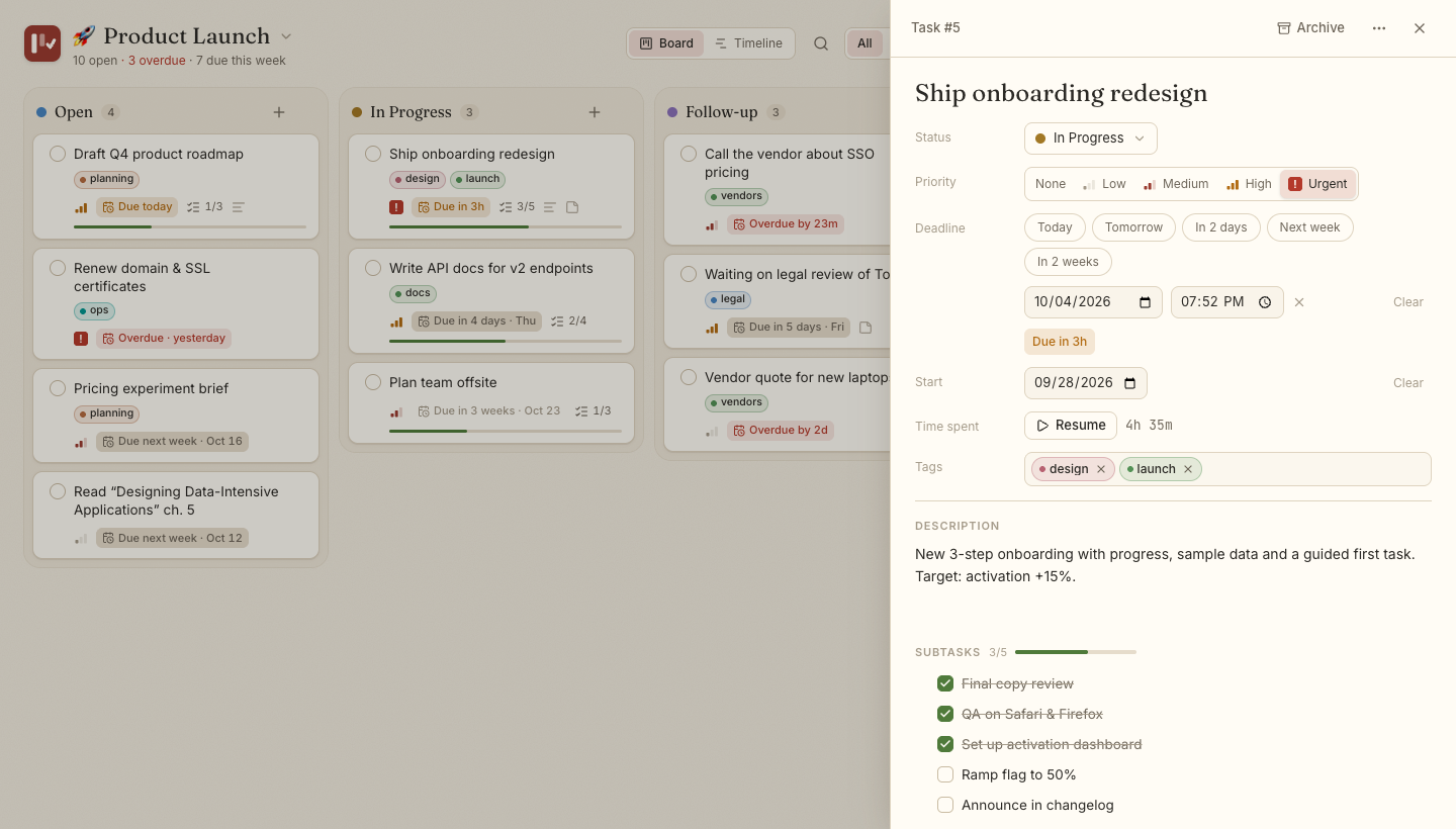 Task detail panel with status, priority, deadline, start date, time spent, tags and subtasks