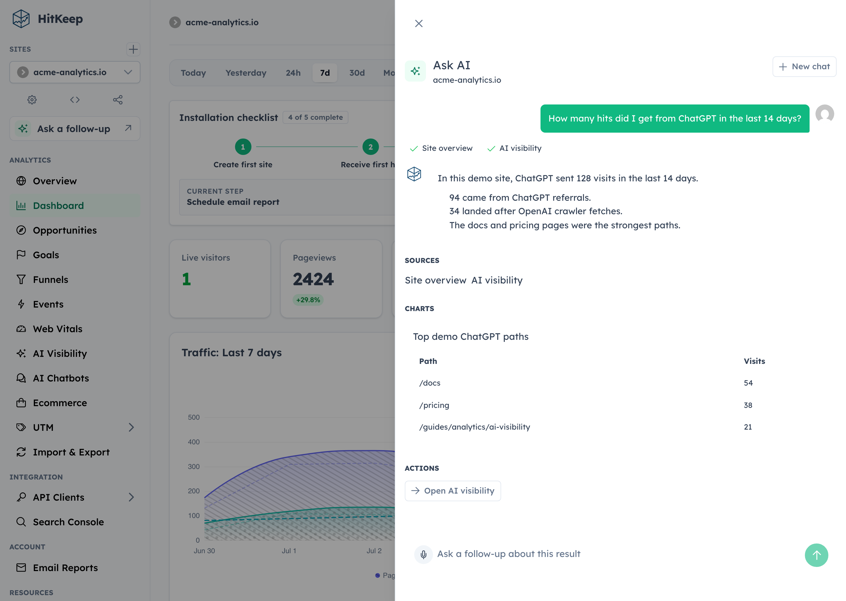 HitKeep Ask AI answer with completed analytics tool chips, citations, a table, and a safe dashboard action