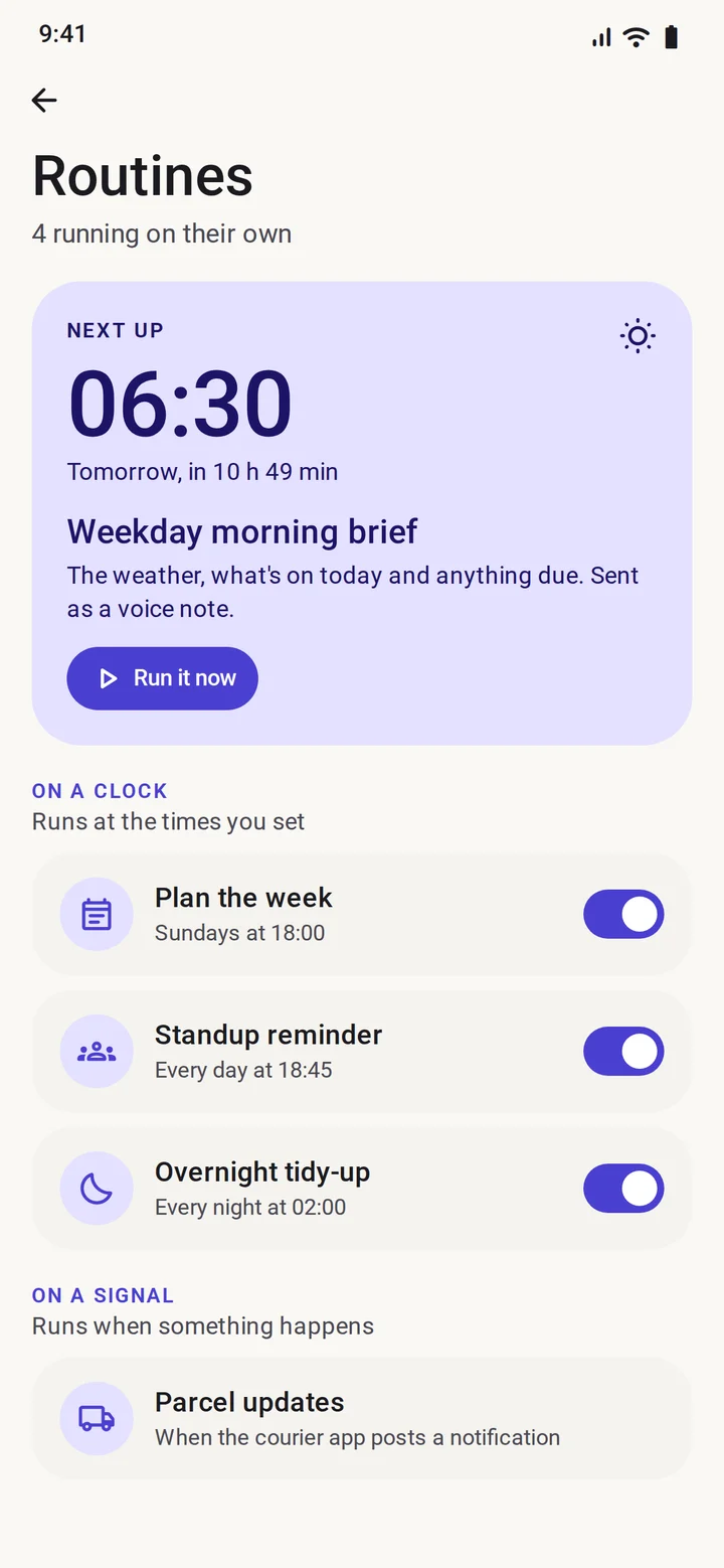 Routines: a morning brief at 06:30 and other jobs running on a clock
