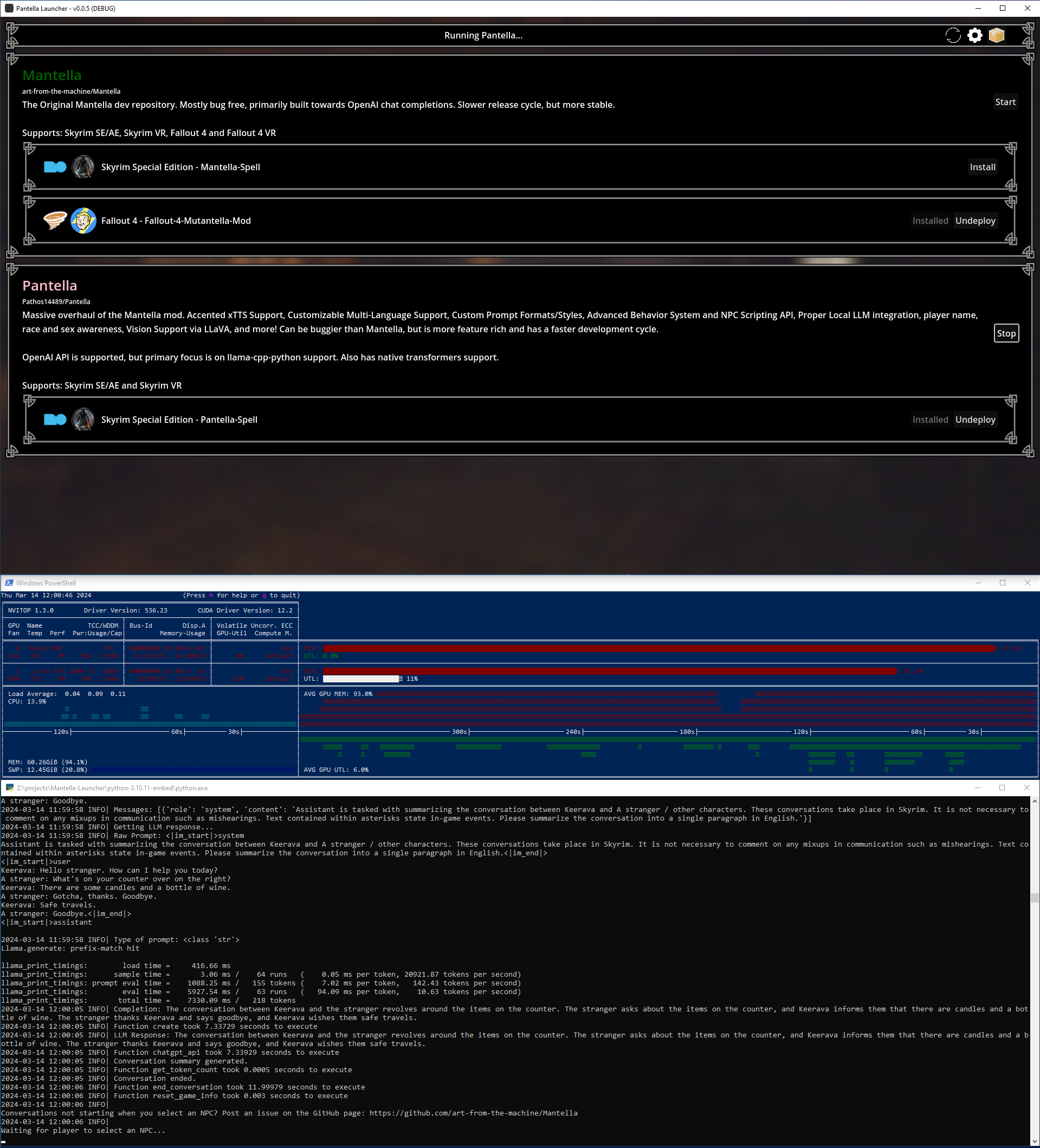 Screenshot of the Pantella Launcher running Pantella with LLaVA 1.6 34B and nvitop in the background.