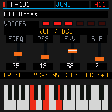 FM-106 screen in Juno mode with VCF/DCO sliders and a keyboard