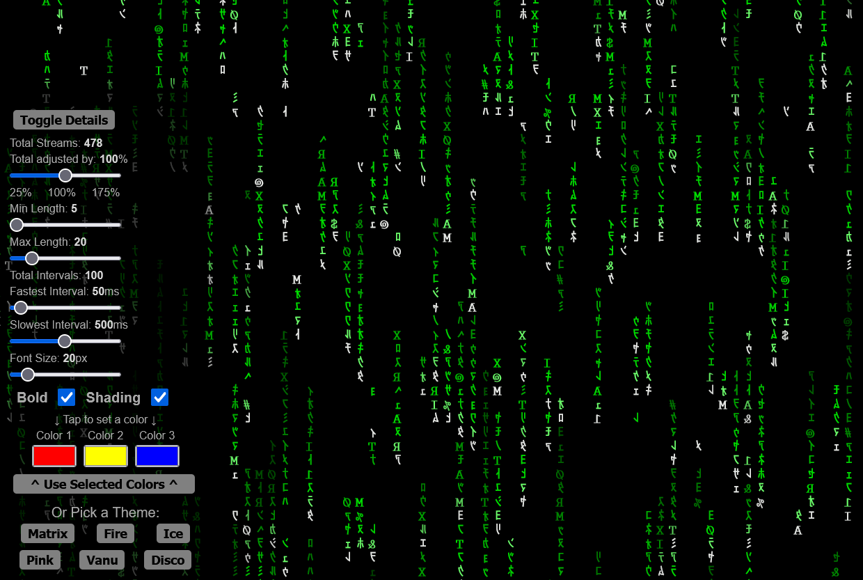 Image of "Matrix Digital Rain" effect and UI with controls