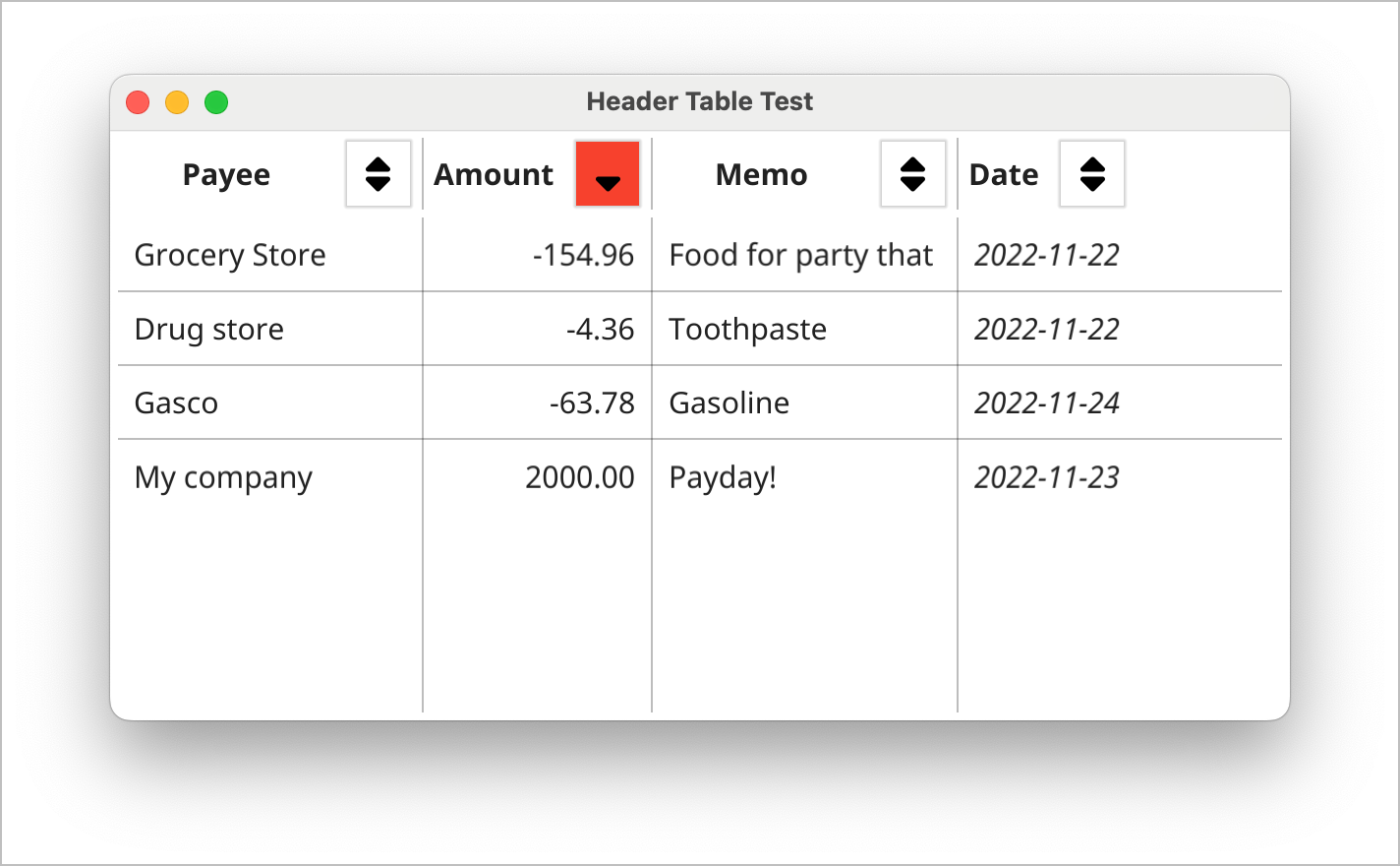 SortingHeaderTable screenshot