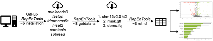 Shows an illustration of the RepEnTools installation, fetching of reference files and demo mode.