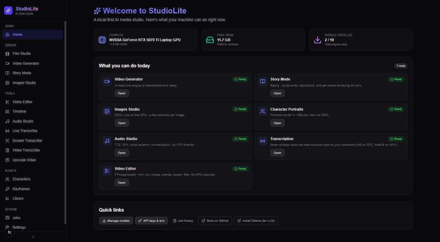 StudioLite home dashboard on an NVIDIA RTX 5070 Ti