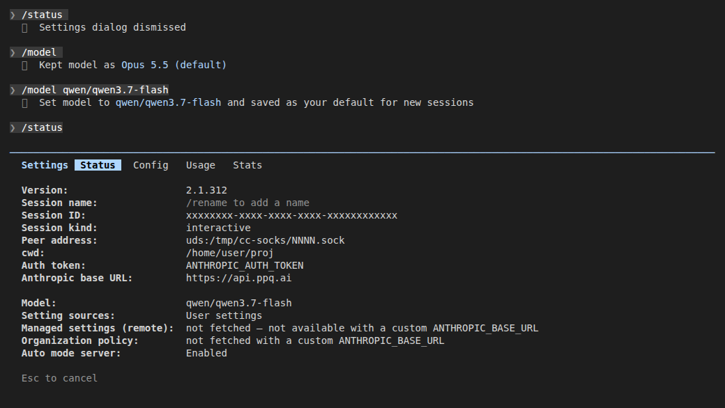 /status showing the chosen model