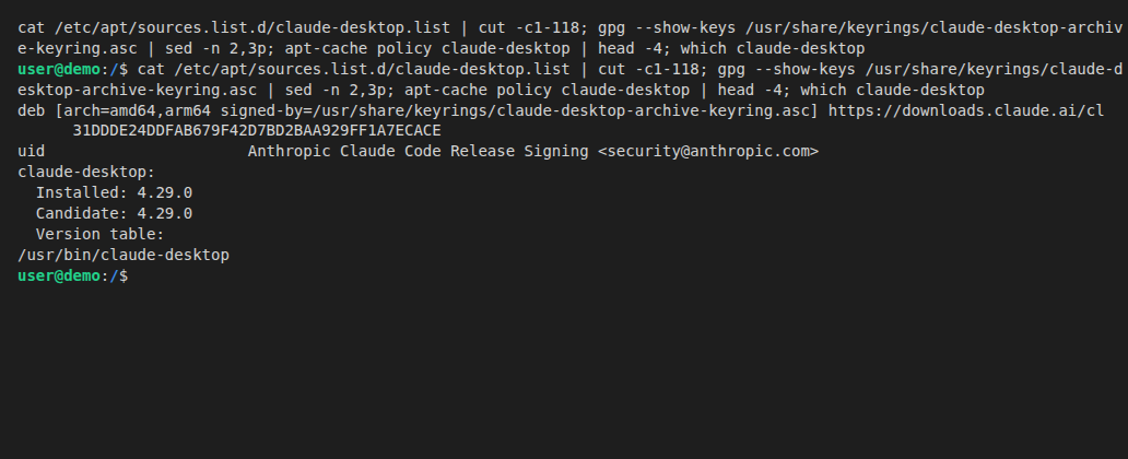 Anthropic apt repository, signing key fingerprint and installed claude-desktop package