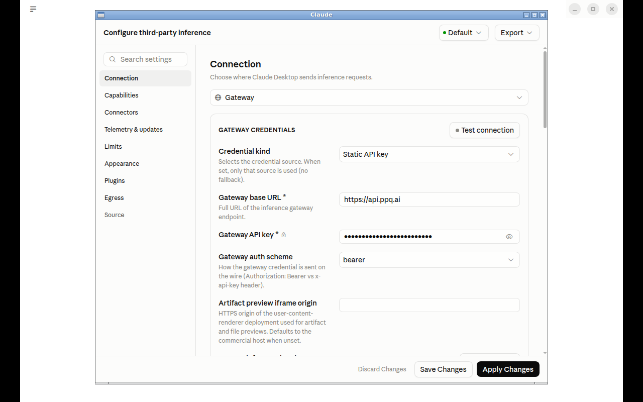 Gateway credentials filled in for PayPerQ, with the API key masked