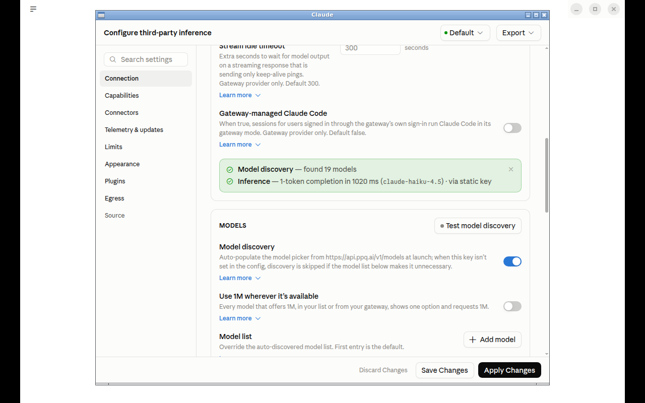 Test connection result: model discovery and a 1-token inference through the static key